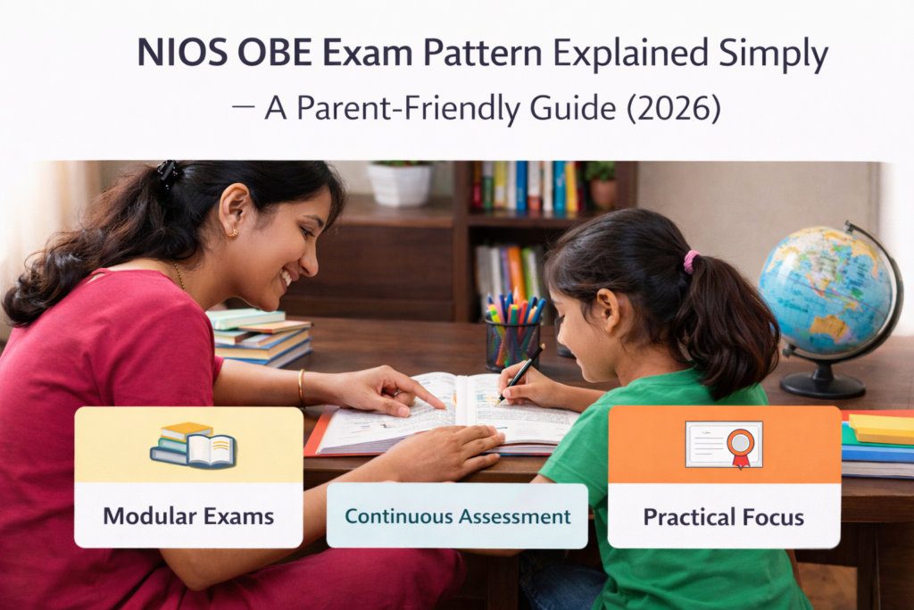 Indian parents helping their child study at home while understanding the NIOS Open Basic Education (OBE) exam pattern through flexible, child-friendly learning