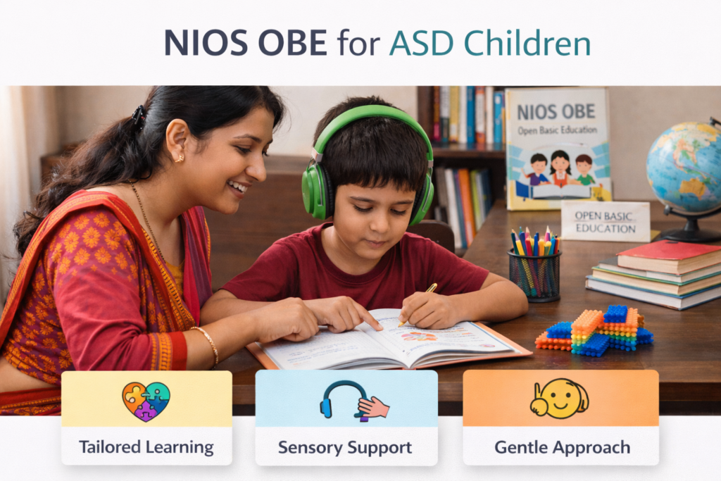 Indian parents helping their child study at home while understanding the NIOS Open Basic Education (OBE) exam